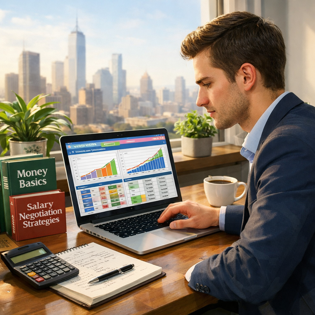 The image depicts a young professional seated at a sleek wooden desk in a bright modern office space intently reviewing financial documents on a lapto